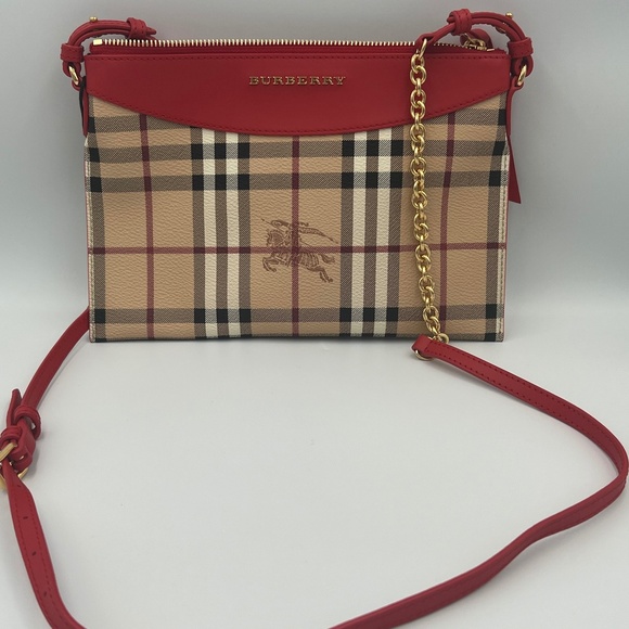 BURBERRY  Haymarket Check  Peyton Crossbody Red - Picture 1 of 6